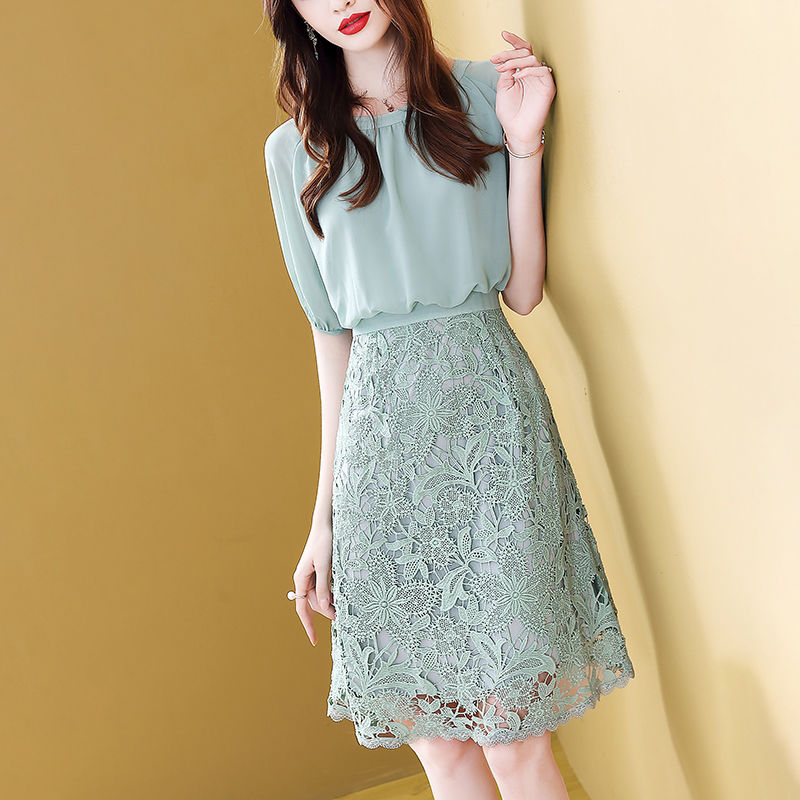 

2020 New Summer Women Clothes Vintage Chiffon A Line Streetwear Dress Female Slim Lace Patchwork Midi Robe Dresses Vestitos L02, Green