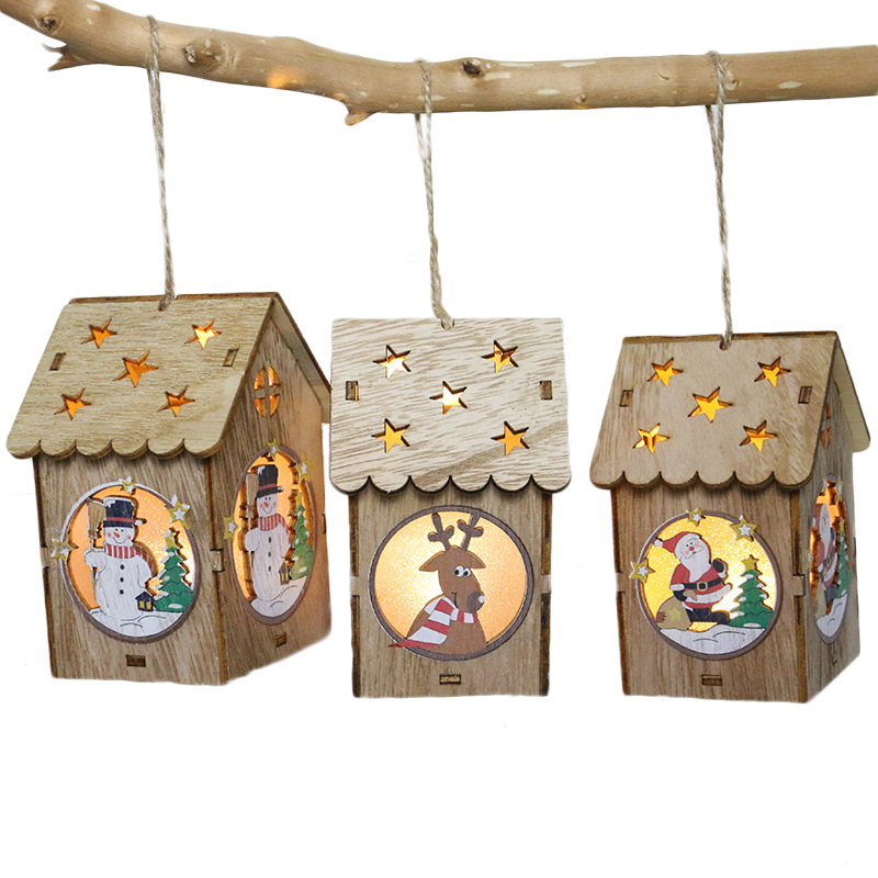 

Small LED Light Wooden House Christmas Tree Pendants New Year Decorations For Home Table Ornaments Xmas Tree Hanging Decor