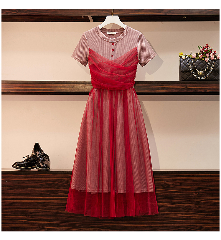 

2020 A Line Red Sexy Fashion Designer Summer Women Dresses Plus Size Knitted Dresses Button Short Sleeve Runway Mesh Patchwork Dress, Same as picture