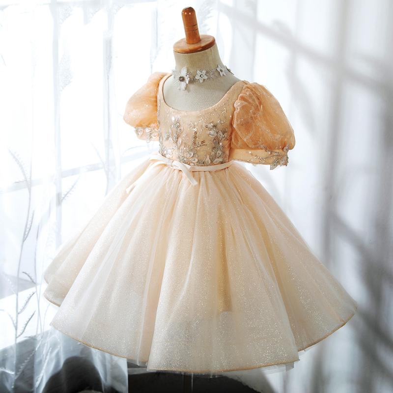 

Vintage Princess Dress Birthday Costume Puff Sleeve Royal Girls Formal Dress Sequins Beading Bowknot Kids Pageant, Champagne