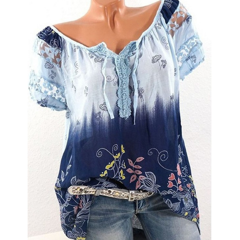 

2020 Sexy Floral Print Blouse Shirt Women Lace Tops Summer Short Sleeve Blouses Vintage Casual V Neck Blusa Plus Size Xl WS6922V, Gray