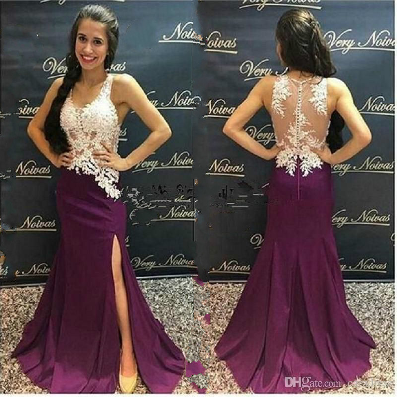 

Purple Mermaid Lace Evening Dresses crew Plus Size V Neck Sheer Back Side Slits Arabic Evening Dresses 2019 Women Formal Party Gown, Champagne