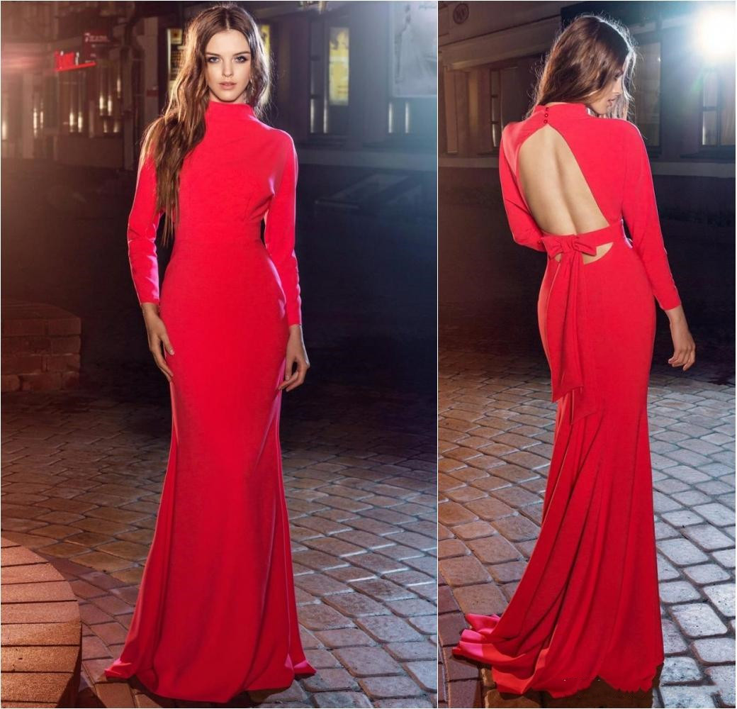 2020 Arabic High Neck Mermaid Evening Dresses Sexy Hollow Back Long Sleeves Prom Dress Simple Satin Cocktail Party Gowns