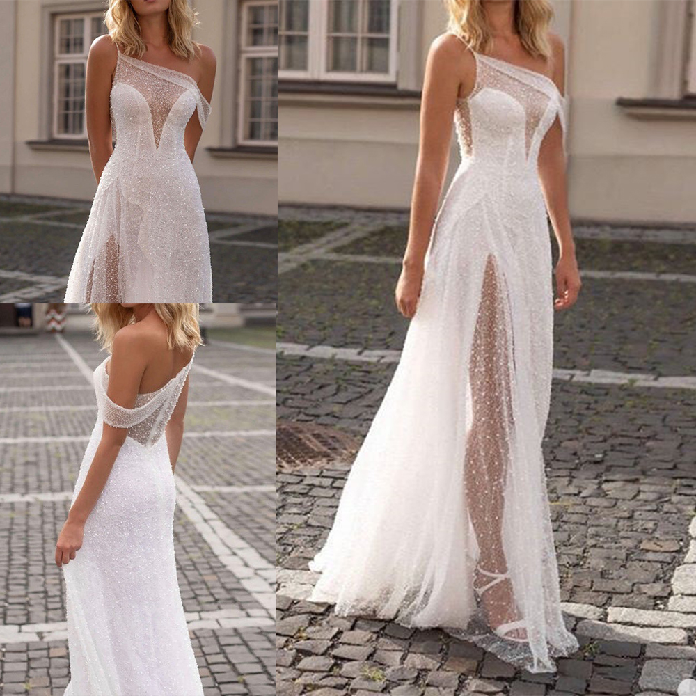 

2021 Elegant Wedding Dresses Sexy One-Shoulder Lace Appliques Bridal Gowns Custom Made Zipper Back Sweep Train A-Line Wedding Dress, Silver