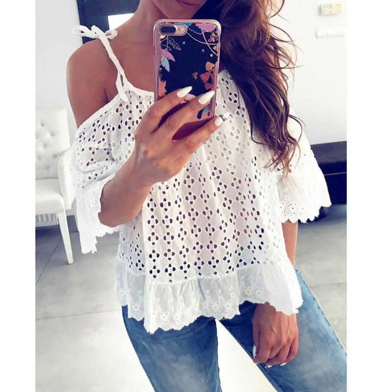 Fashion Lace Strap Blouse Shirt Off Shoulder Tops Casual Summer Ladies Loose Bandage Tops Female Women Short Sleeve Shirt Blusas