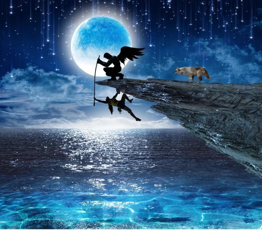 

Rescue Angel Full Moon Night Creative Landscape Wall 3d murals wallpaper for living room, Blue