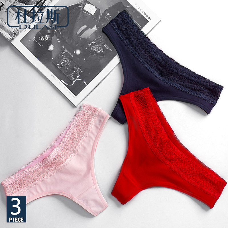 

Thong Panties Cotton Sexy Lace Underwear Women Briefs Panty Lingerie G String Ladies Bikini T Back Female DULASI 3pcs/lot, Black pink red