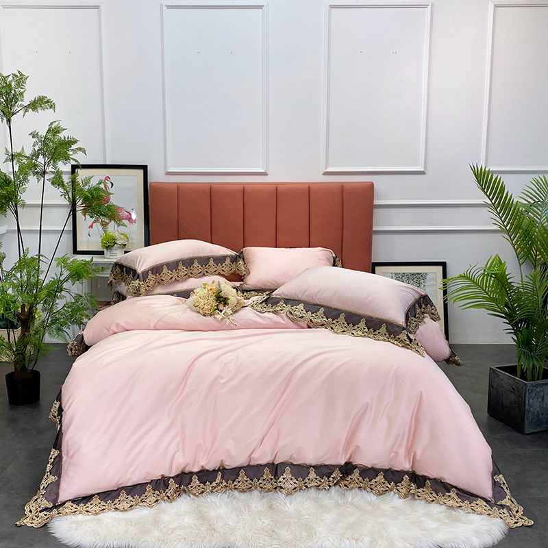 

Pink White Gray 1000TC Satin Egyptian Cotton Bedding Set Gold Lace Edge Duvet Cover Bed Linen Fitted Sheet Pillowcases