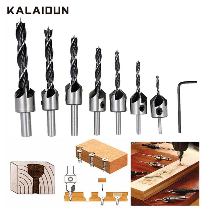 

KALAIDUN Countersink Drill Bit Press Set Reamer for Woodworking Power Tools 5 Flute Chamfer 3-10mm HSS Drill Bits + 1pc Wrench