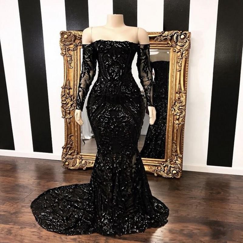 

Black Off The Shoulder Mermaid Evening Dresses 2021 New Long Sleeve Sweep Strain Sequined Formal Prom Gowns, Pink