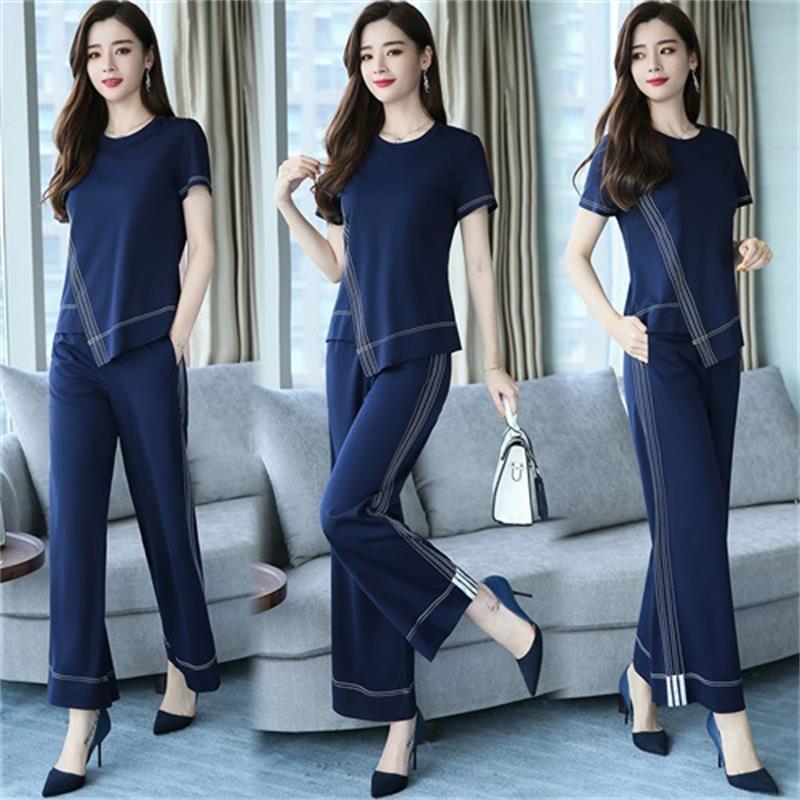

Free Shipping 2020 New Women's Summer Casual Fashion Temperament Trend Elegant Solid Color Set, Navy