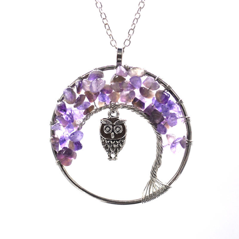 

New Design Women Natural Stone Lively Silver Owl Charm Life Tree Pendant Necklace