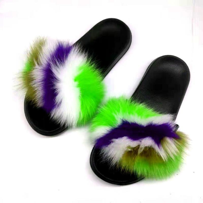 

The New Multi-Color Is Unique Real Fur women's Slippers fluffy Lovely Furry Shoes Fashion Fur Slides, As pic shows