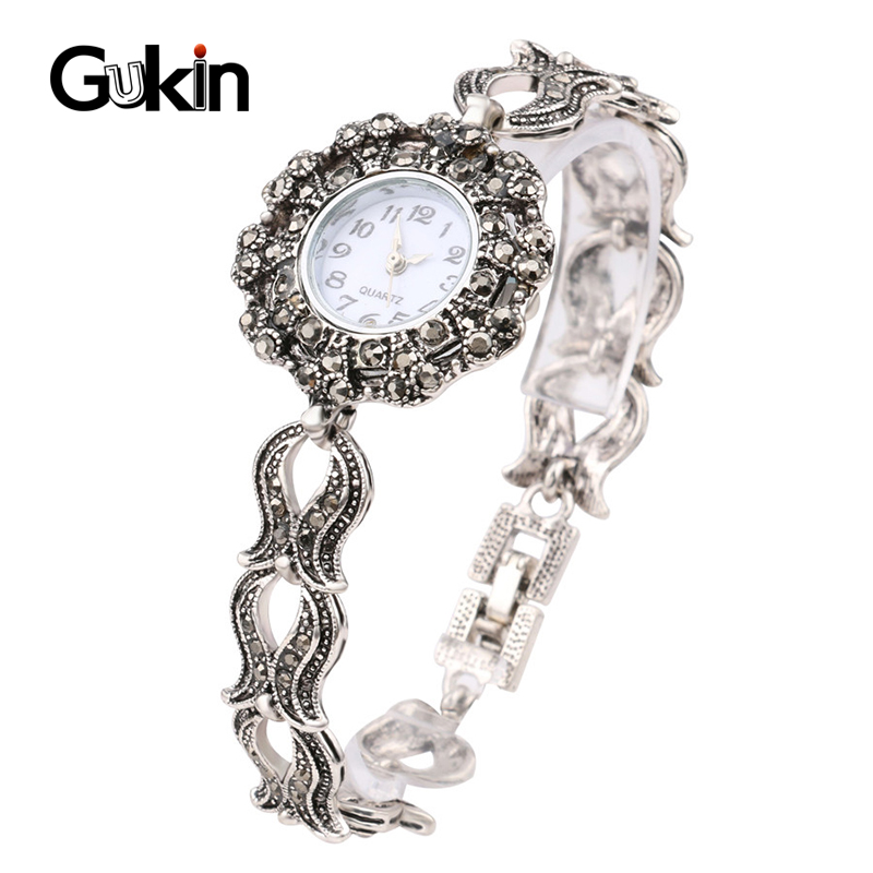 

Gukin New Vintage Boho Jewelry Gray Crystal Bracelets Silver Plated Decorative Watch For Women jewellery Gifts