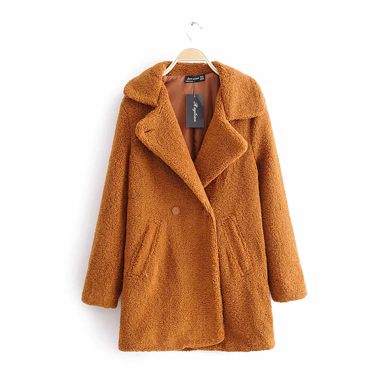 

Women Winter Teddy Cashmere Coats 2018 New Warm Thick Orange Coat Female Fashion V-neck Outwear Clothes manteau femme hiver