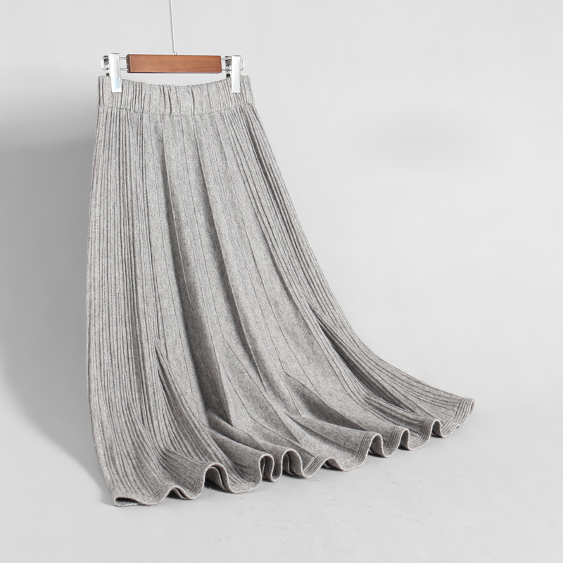 

2020 High Waist Knitted A-Line Midi Fashion Women Autumn Winter Pleated Skirt Faldas Jupe Femme Saia, Beige