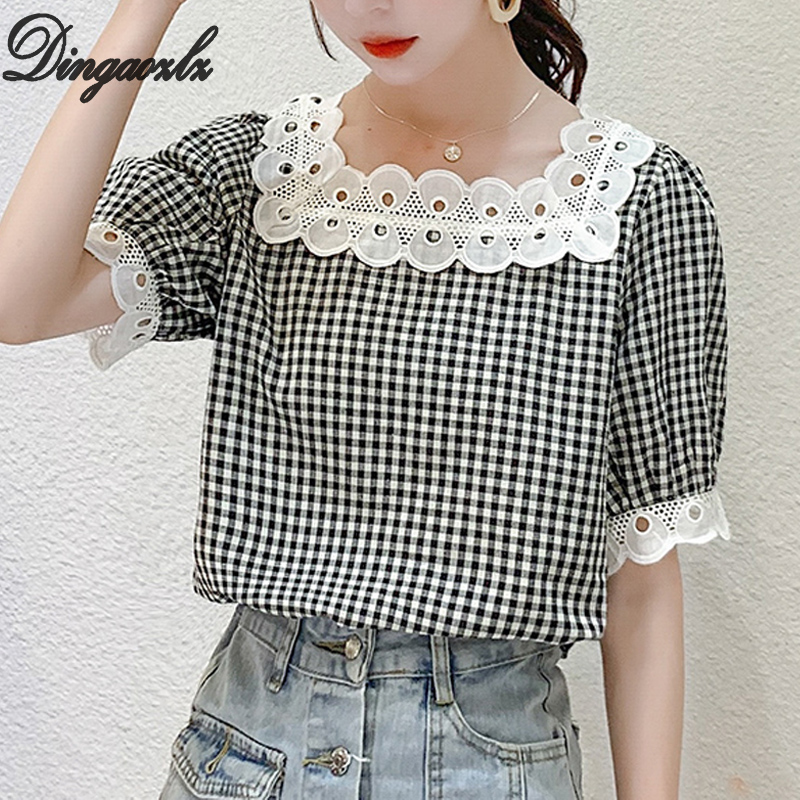 

Dingaozlz Fashion Hollow out Women blouse Short sleeve Plaid shirt New fashon Chiffon Tops Blusa, Ph