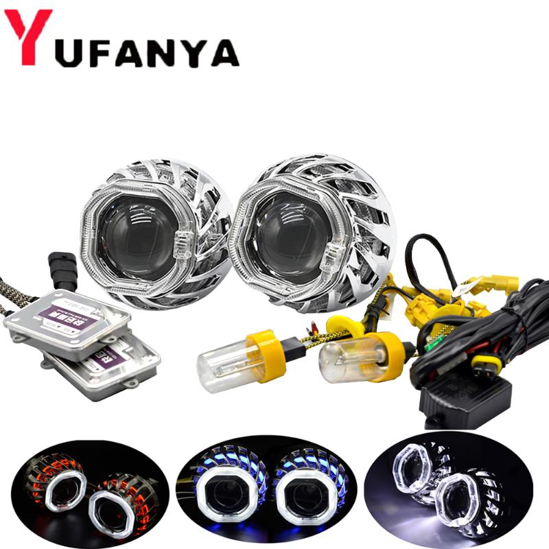

2.5 Inch Bi Xenon Projector Lens Spiral Hotwheel angel eyes LED Dual Halo shrouds Mask 35W/55W HID Kit retrofit car assembly kit
