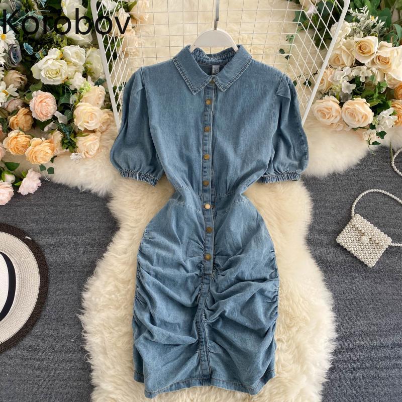 

Korobov Vintage Turn-Down Collar Women Denim Dress 2020 New Fashion Puff Sleeve Ruched Dresses Summer Single Breasted Vestidos, Blue