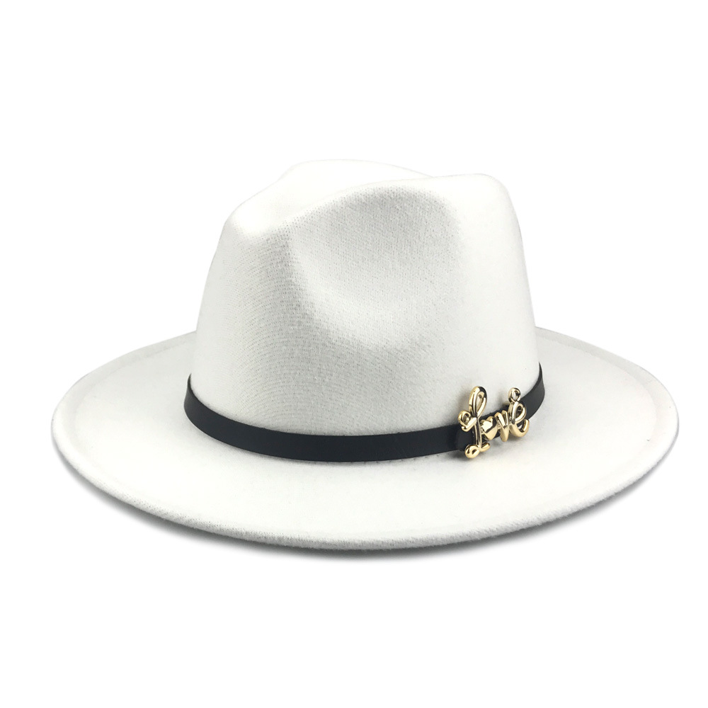 

Metal LOVE Belt Decoration Artificial Wool Fedora Hats Women Felt Vintage Jazz Trilby Hat Ladies Wide Brim Panama Bowler Cap, Red