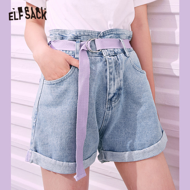 

ELFSACK Blue Solid Minimalist High Waist Belted Casual Women Denim Shorts 2020 Summer ELF Pure Korean Ladies Daily Baisc Bottoms, Green belt