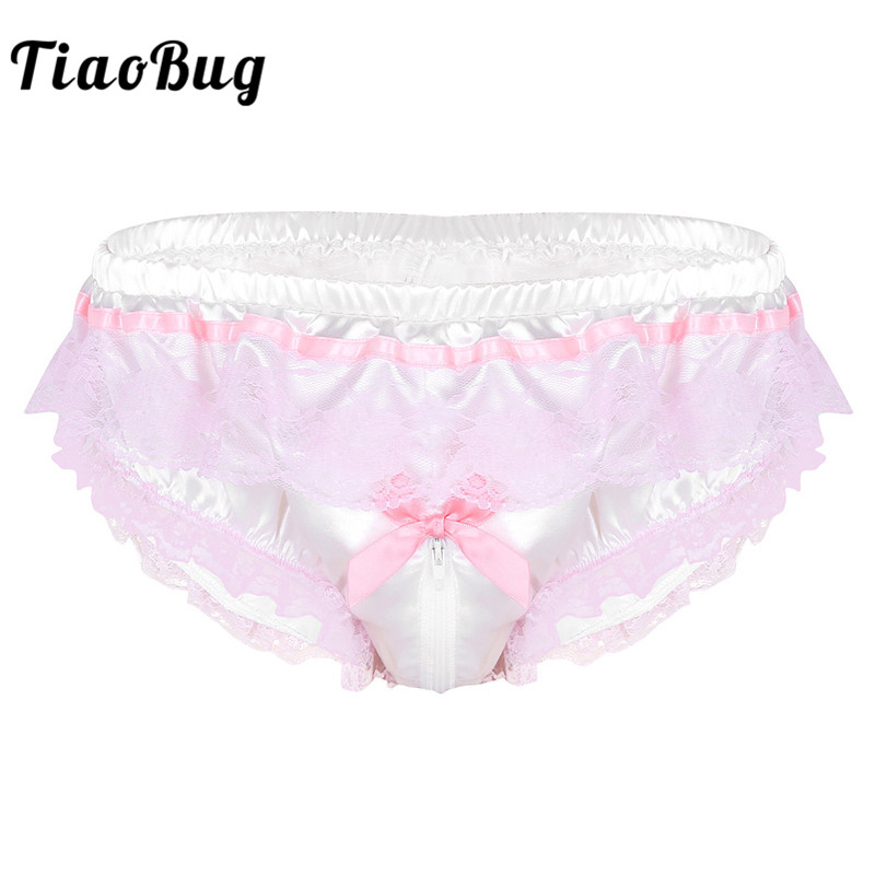 

TiaoBug Men Shiny Satin Hot Sissy Panties Lingerie Pink Ruffle Floral Lace Open Zipper Crotch High Cut Briefs Sexy Gay Underwear, White