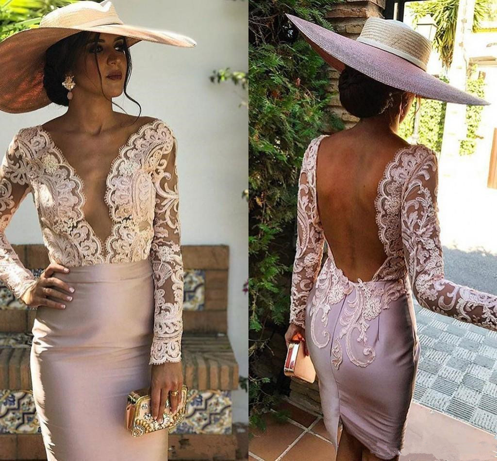 

Sexy Deep V Neck Mother of the Bride Dresses with Applique Lace Long Sleeves Wedding Party Gowns Open Back Short Prom Dress