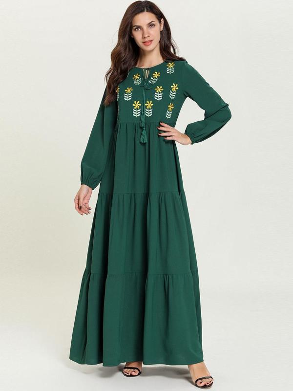 

Embroidery Abaya Muslim Dress Women Big Swing A-line Dubai Kaftan Hijab Dresses Turkey Islamic Moroccan Arabic Clothes Long Robe