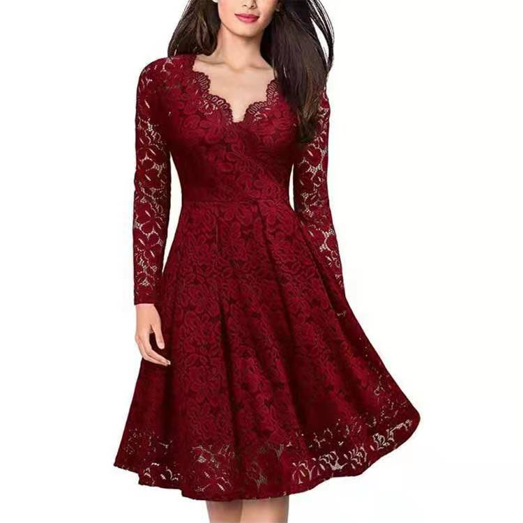 

Luxury Women's Long-Sleeved Lace Christmas Dresses Woman Christmas Designer Party Dress High Quality Four Colors S-XXL Holiday Outfit, White;black