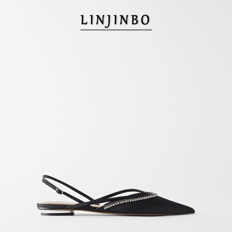 

Black Pointed Toe Flat Sandals Women Rhinestones Decoration Mules Shoes Women Sexy Slingback Shoes