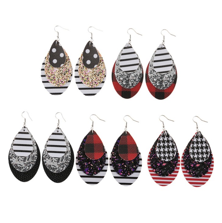 Boucles Doreilles En Pu Pour Les Femmes Boucles Doreilles /À Carreaux Boucles Doreilles Double Face En Cuir /À Carreaux Rouges Jaune