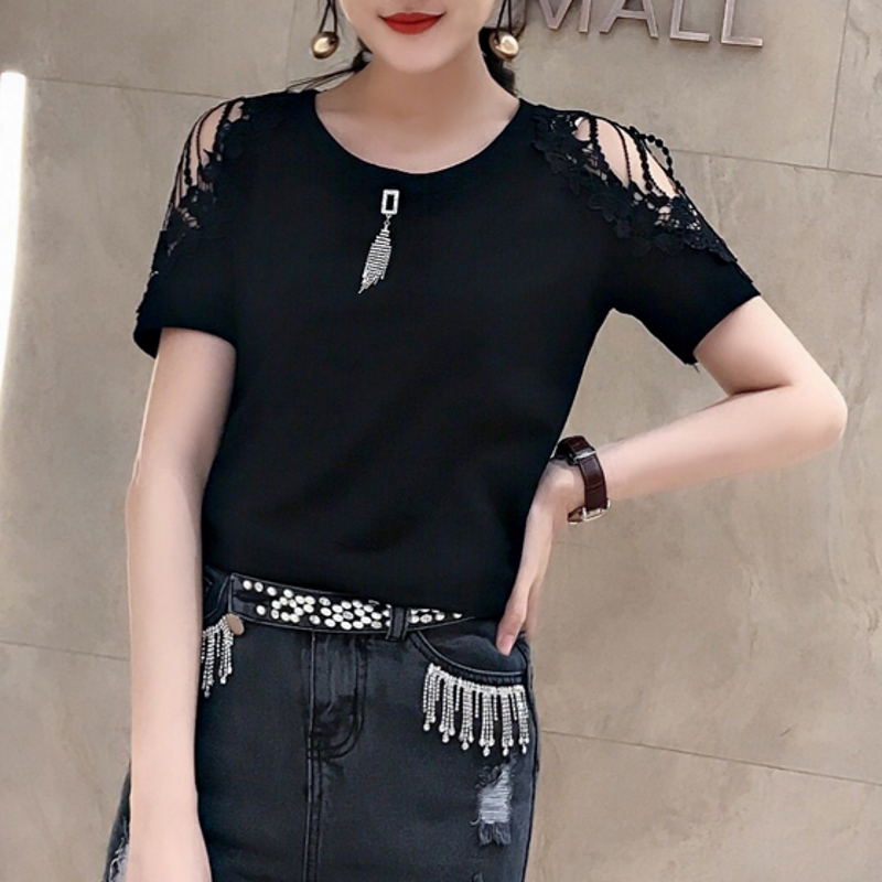 

Korean O-Neck Hollow Out Embroidery Tshirt Women 2020 Summer New Short Sleeve Pullover T-shirt Camiseta Mujer Black White T96206, White tshirt
