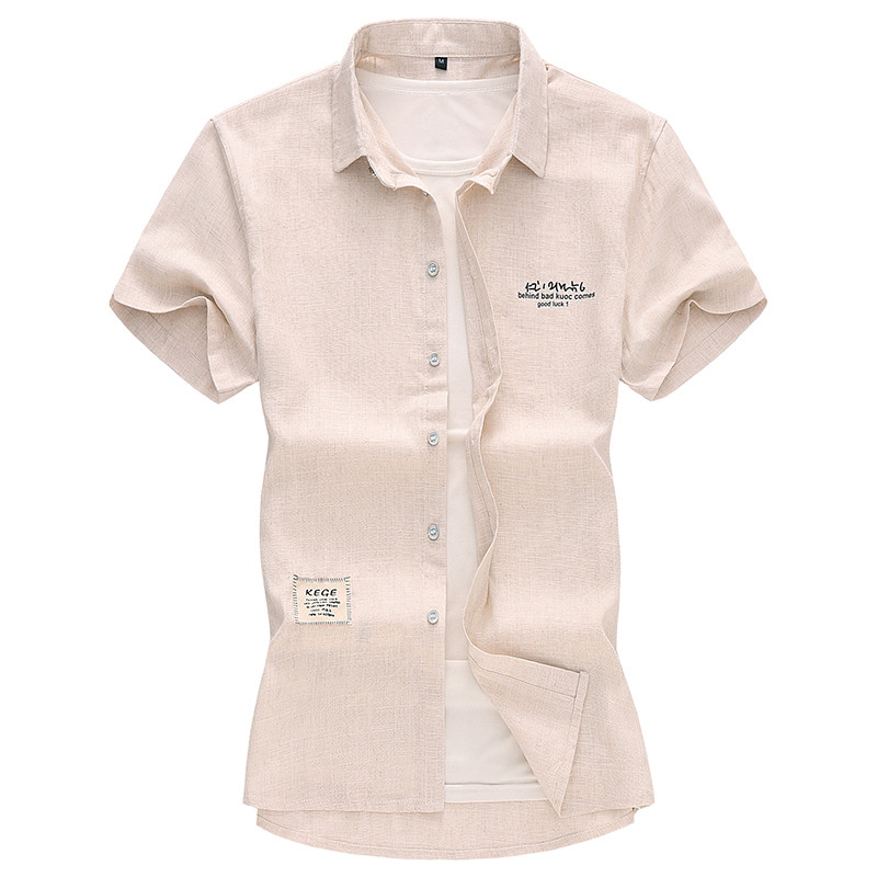 

Tide New Chinese Style Cotton Linen Men's Letter Printed Slim Fit Shirts Fashion Solid Simple Casual Short Sleeve Shirt 6XL 6XL, B759 white