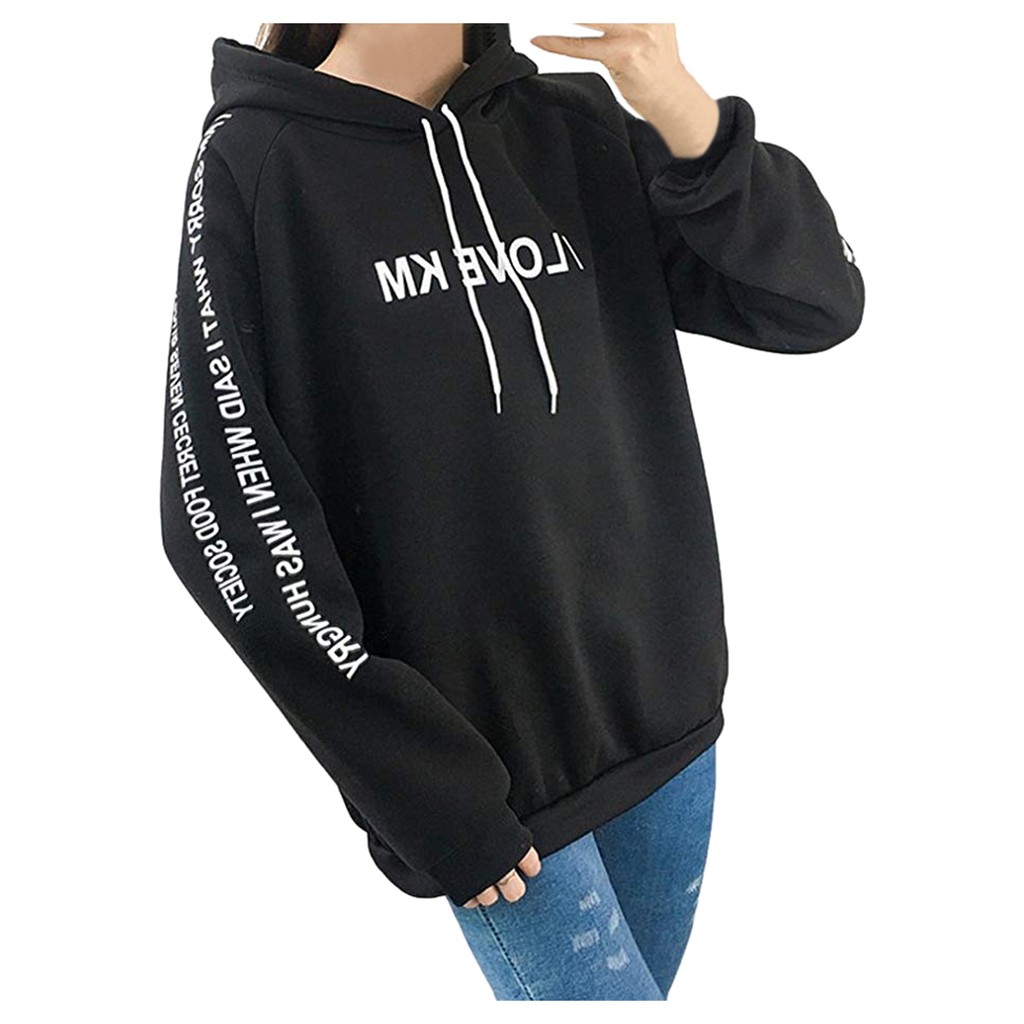 Women Hoodies Pullover Letter Printed Casual Loose Korean Style Drawstring Hooded Sweatshirts for Teen Girls