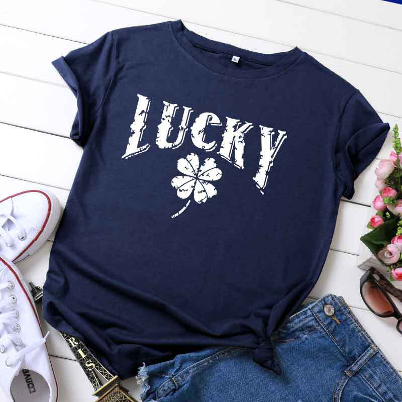 

Clover Pattern Female t shirt O-Neck Lucky Letters Women T-shirt 100% Cotton -5XL Plus Size Short Sleeve harajuk Summer Top Tee, White(black)