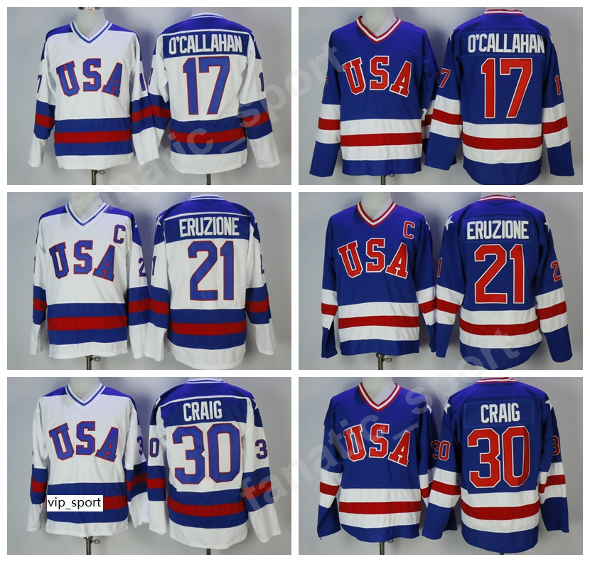 

1980 USA Hockey 21 Mike Eruzione Jersey Men Blue White 30 Jim Craig 17 Jack Ocallahan Jerseys Embroidery And Sewing Wholesale And Retail, 21 white