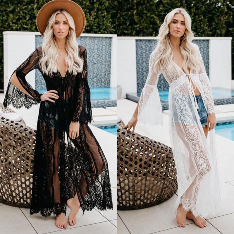 

New 2020 Hot Summer Fashion Latest Bikini Cover Up Long Sleeve Sarong Kaftan Dress Beach Wear Lace Crochet