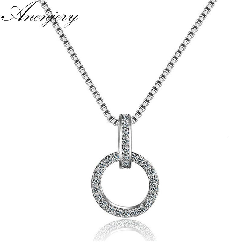 

925 Sterling Silver Double Round Circle Cz Zirconia Necklaces & Pendants For Women Gift Kolye Choker Collares