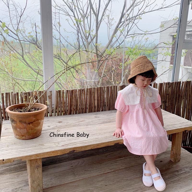 

2020 New Summer Children's Korean Lapel Plaid Dress Girls Lady Skirt, Pink