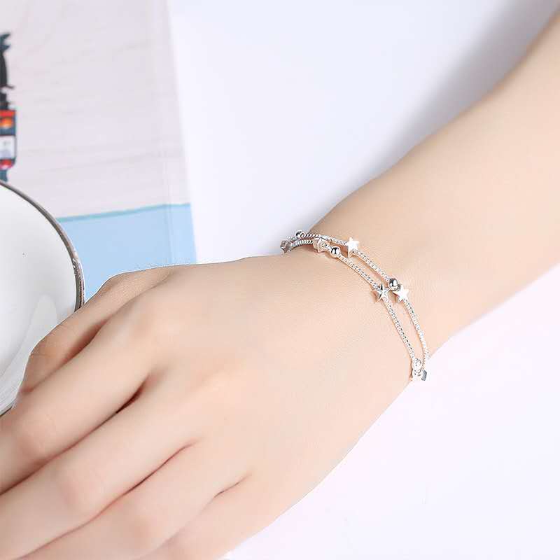 

925 Sterling Silver Double Chain Star Beaded Charm Bracelets For Women Box Chain Star String Bracelet Adjustable length