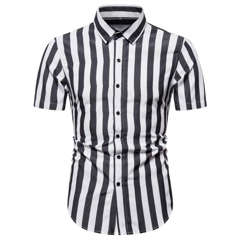 

2020 New Shirts Mens Casual Brand European Size Trousers Summer Short Sleeve Stripe Hombre Street Dress Fit Fashion Male, Black