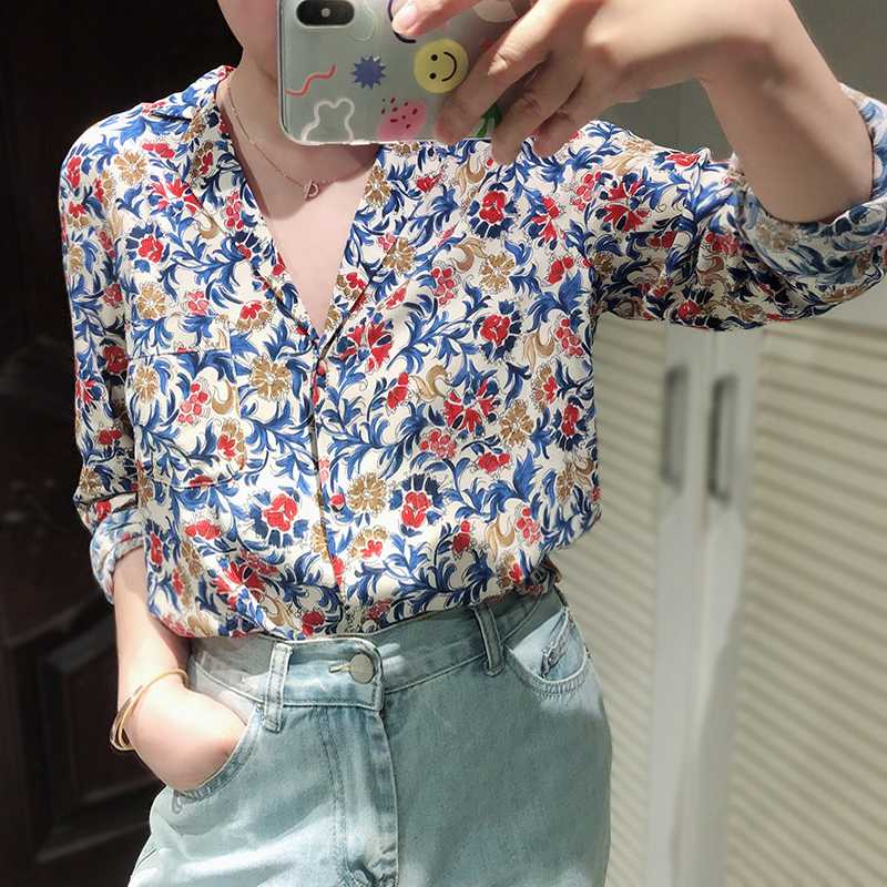 

Shirt Women Flower Print Long Sleeve New Notched Neck Casual Blouse Top, As show picture
