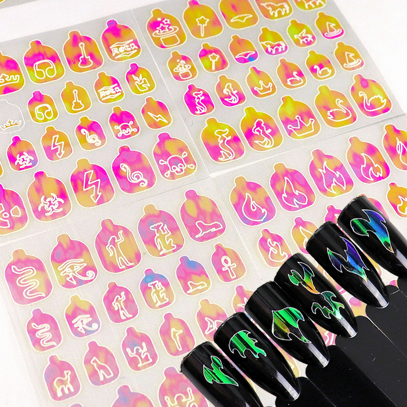 

12Sheets Multicolor Nail Hollow Sticker Decals Salon 3D Nail Art Vinyls Adhesive Stencil Holo Stickers For Art Decorations, Set 1
