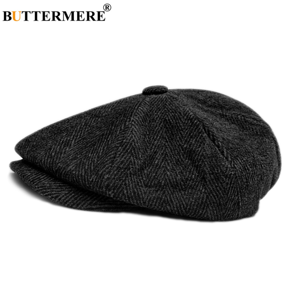 

BUTTERMERE Men's Herringbone Flat Cap Wool Newsboy Hats Male Dark Grey Winter Classic Octagonal Cap Vintage British Painter Hat Y200110, Black