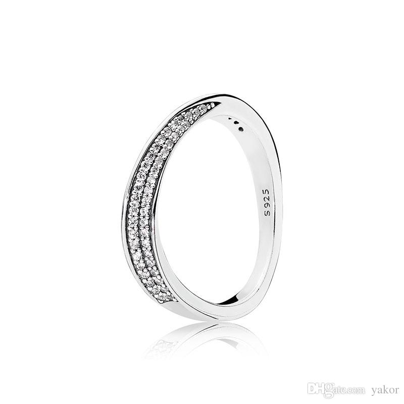 

Elegant wave CZ Diamond RING Set Original Box for Pandora 925 Sterling Silver Luxury Fahion Women Wedding Rings, Slivery;golden