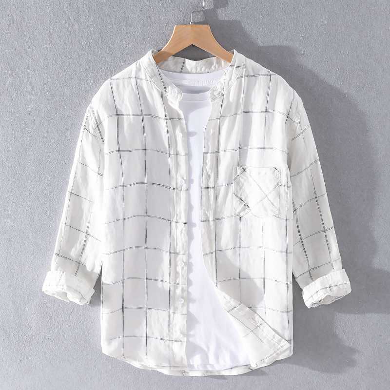 

2020 Summer large plaid three-quarter sleeve pure linen shirt men brand comfortable stand collar loose shirts for men chemise, Black