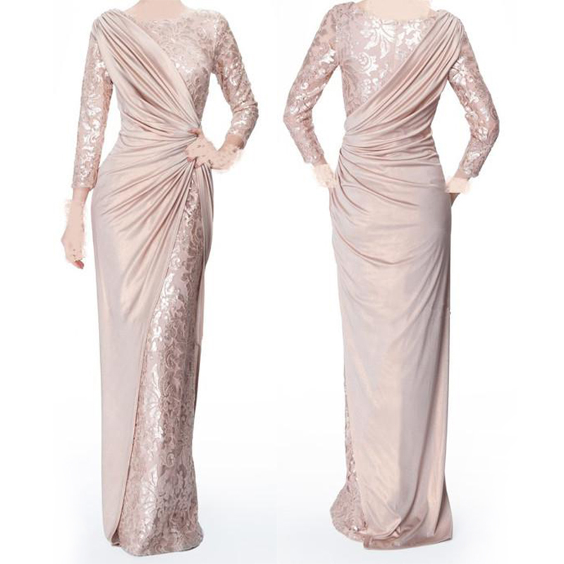 

Custom Made Pearl Pink Long Sleeves Mother of Bride Groom Dresses for Wedding Jewel Neck Elegant Floor Length Pleats Formal Evening Gowns