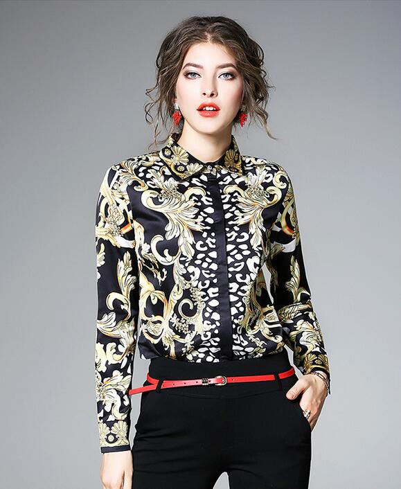 

New arrival Gold Flora printed black Contrast color women blouses long sleeve lapel neck ladies shirts fashion printed top, Multi
