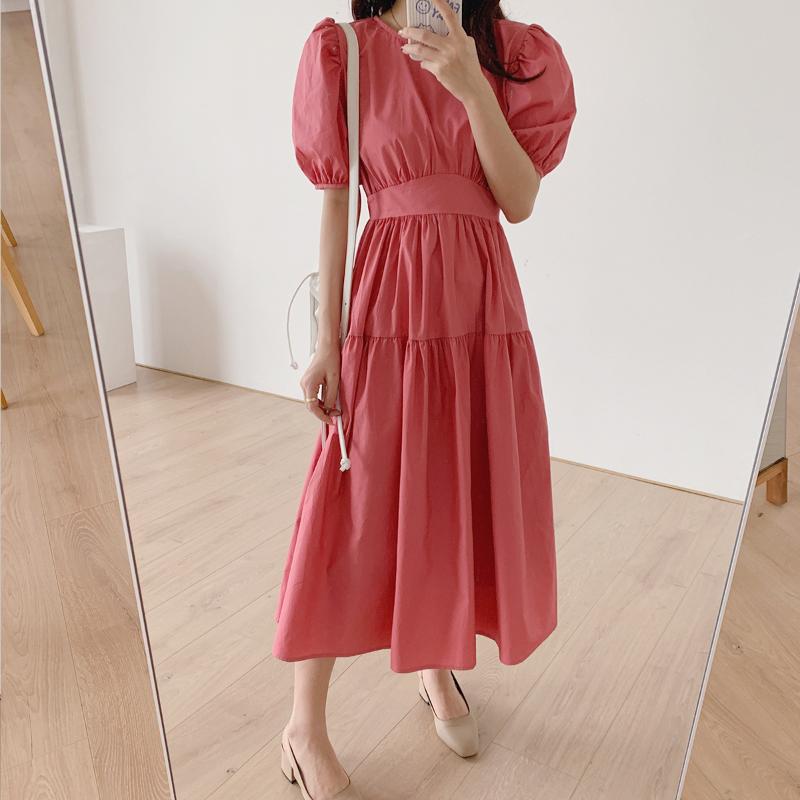 

2020 Women Summer Puff Sleeve O-Neck Back Lace-UP Women Sexy Long Dress Elegant Loose Style Casual Boho Dress Vestidos, Sky blue