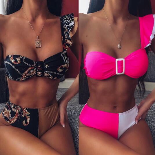 

one piece 2020 Bikini suit swimwear women' separate halter bright bright leather bra swimwear with ruffle edge one shoulder sexy print best